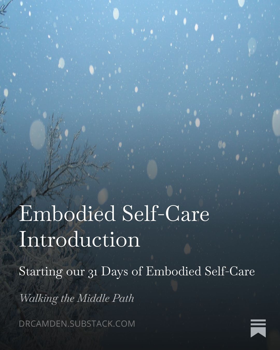 Happy New Year, and welcome to our 31 Days of Embodied Self-Care!

Embodied self-care is attending to and integrating our mind, heart, body, and soul so we live aligned with our values.

We are starting a 31-Day Plan for Embodied Self-Care based on the integration of mind, heart, body, and soul. It’s available as a pdf download with a calendar with your 31-day self-care plan, resources and links to go along with the plan, and a page of journaling questions.

You’ll also get access to eight Mind-Body Guided Meditations that I recorded that accompany the plan.

Get immediate access and join us on my Substack at drcamden.substack.com

#selfcare #soulcare #christianity #christianwriter #writer #writersofinstagram #blogger #bloggersofinstagram #amwriting #christianblogger #christianbloggersofinstagram  #walkingthemiddlepath #substack #therapist #therapy #mentalhealth #psychology #psychologist #therapistsofinstagram #christianpsychologist #faithandmentalhealth #christiantherapy #embodiment