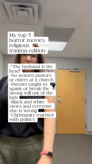 As a religious trauma therapist and deconstructing Christian, here are my top 5 horror movies:

-“The husband is the head” and any mention of submission, helper, helpmate, leader, complement, servant leader, and all the other complementarian buzzwords. Instant 🚩 

-No women pastors or elder at a church, and only women “directors” (of children’s  or women’s ministry, of course). After spending 35 years of my life in complementarian churches, that’s a no for me.

-Parents taught to spank the strong will out of their kids. If James Dobson or Ted Tripp’s books are recommended in your family ministries, I’m out. 👋  I nurture my kids’ wills, not break them.

-Black and white views and everyone else is wrong. I practice both/and instead of either/or thinking, curiosity over certainty, and critical thinking over black and white.

-Christianity married with politics. I grew up believing you couldn’t be a Christian if you didn’t vote Republican. Now thankfully for the last 10 years I’ve voted according to MY values, not Christian nationalism.

This list could have been much longer. What would you add to these religious trauma horror movies?

And if you’re a deconstructing Christian healing from toxic beliefs, follow @drcamden.

#faithdeconstruction #christiannationalism #christianfeminist #faithandmentalhealth #religioustrauma