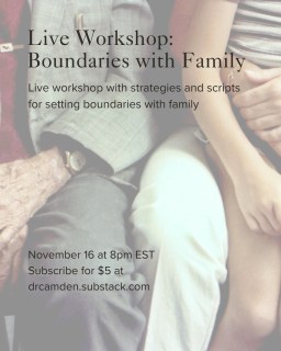 When do boundaries lead to estrangement?

You’re invited to the live workshop on Boundaries with Family Sunday at 8pm EST, led by Dr. Camden.

Here is what we will discuss:
-What boundaries are and are not
-Boundaries around the holidays
-Scripts for setting boundaries on any issue with live coaching and practice
-When estrangement becomes necessary 

You can join me for just $5 by becoming a paid subscriber on my Substack at drcamden.substack.com

See you Sunday at 8pm EST!

#christianity #christianwriter #writer #writersofinstagram #blogger #bloggersofinstagram #hopewriter #amwriting #christianblogger #christianbloggersofinstagram #walkingthemiddlepath #substack #religiousdeconstruction #faithdeconstruction #faithjourney #deconstruction #deconstructingfaith #faithreconstruction #therapist #therapy #mentalhealth #psychology #psychologist #therapistsofinstagram #christianpsychologist #faithandmentalhealth #boundaries #liveworkshop #estrangement #familyestrangement