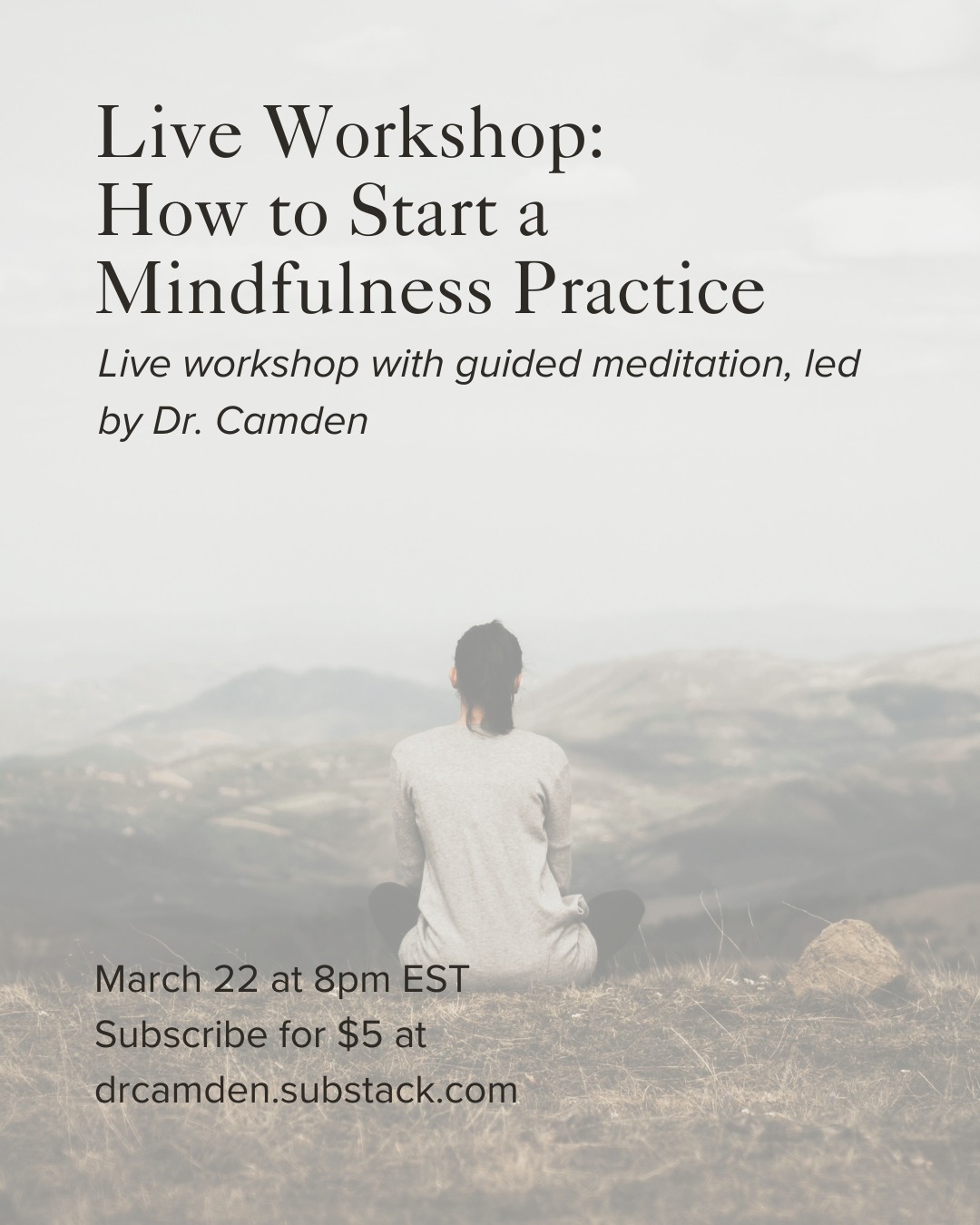 You’re invited to the live workshop THIS SUNDAY on Mindfulness Meditation at 8pm EST. 

Here is what’s included in the live workshop:
-Teaching from me on mindfulness skills
-How a practice of mindfulness meditation can help you heal from purity culture, religious trauma, and toxic beliefs
-Live meditation practice
-Questions and discussion

You'll also leave the meeting with access to my eight Mind-Body Guided Meditation videos.

This workshop is for paid Substack subscribers. You can join us for just $5 and cancel anytime.

See you this Sunday at 8pm EST on my Substack at drcamden.substack.com

#walkingthemiddlepath #substack #faithandmentalhealth #selfcare #soulcare #boundaries #mindfulness #meditation #mindfulnessmeditation #therapist #therapy #mentalhealth #psychology #psychologist #therapistsofinstagram