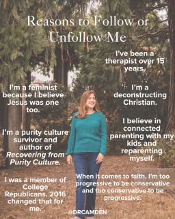 Hope this post clarifies if you want to follow or unfollow me ✌️ 

Hi, I’m @drcamden, a licensed psychologist, coach, author, speaker, and Millennial parent. 

I help deconstructing Christians like me heal from patriarchy, purity culture, and toxic parenting so we can rediscover our faith and rebuild our relationships. 

Whether you’re questioning, reconstructing, healing from harmful church experiences, or trying to build a faith that feels healthier and more authentic, I’m glad you’re here.

Please leave a comment and introduce yourself and let me know: what toxic belief are you currently healing from? I’ll read and respond to every comment! 
.
.
.
.
Christian psychologist
Christian feminist
Purity culture
Egalitarian
Faith deconstruction