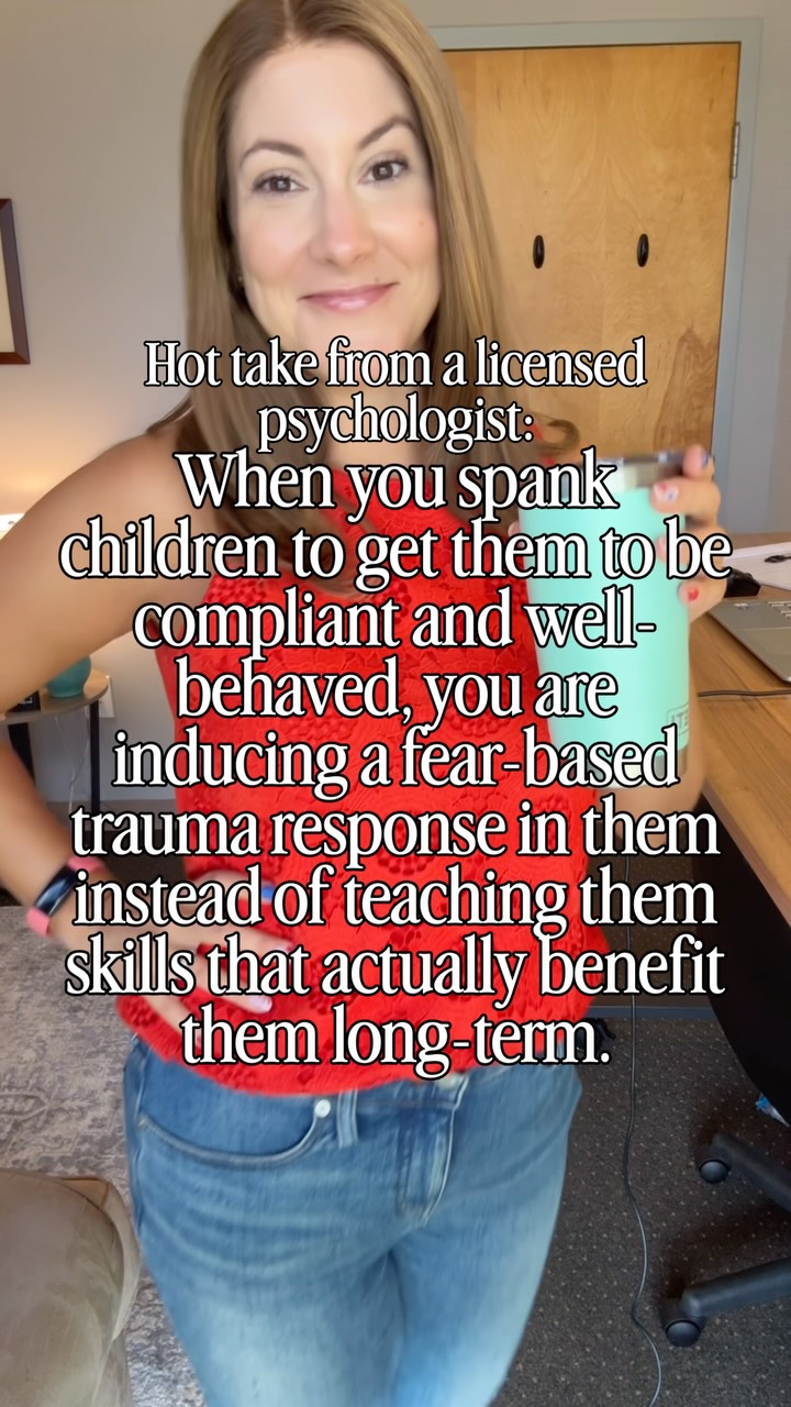 Teaching kids long-term skills > short-term compliance

Spanking induces a fear-based trauma response, called fawning, that looks like compliance. 

When you spank children to get them to be “well-behaved,” what you are saying is you care more about their short-term compliance than their long-term development. 

It’s more convenient for you in the moment, but robs kids of the opportunity to learn skills (like emotional regulation, frustration tolerance, and self-regulation) that could benefit them long-term.

My hot take as a psychologist: I’m parenting for the long-term, not what’s more convenience for me today.

#reparenting #gentleparenting #authoritative #breakingcycles #christianparenting